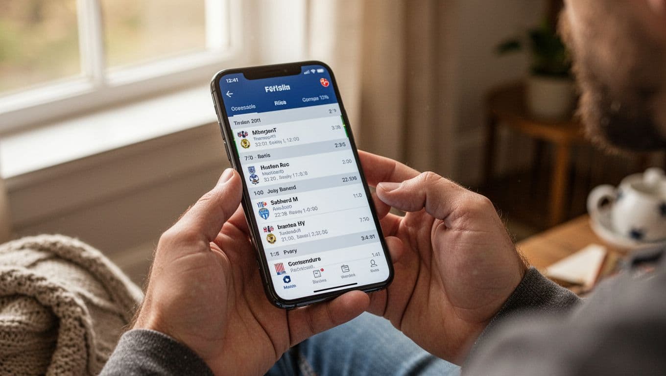 A close-up view of hands holding a smartphone to view football match updates.