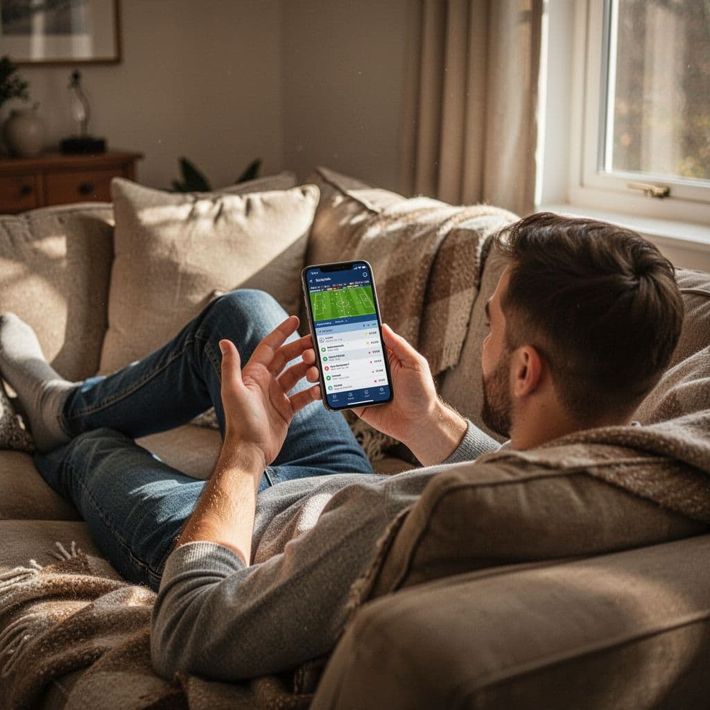 A person sits in a cozy living room while viewing a football schedule on a smartphone.