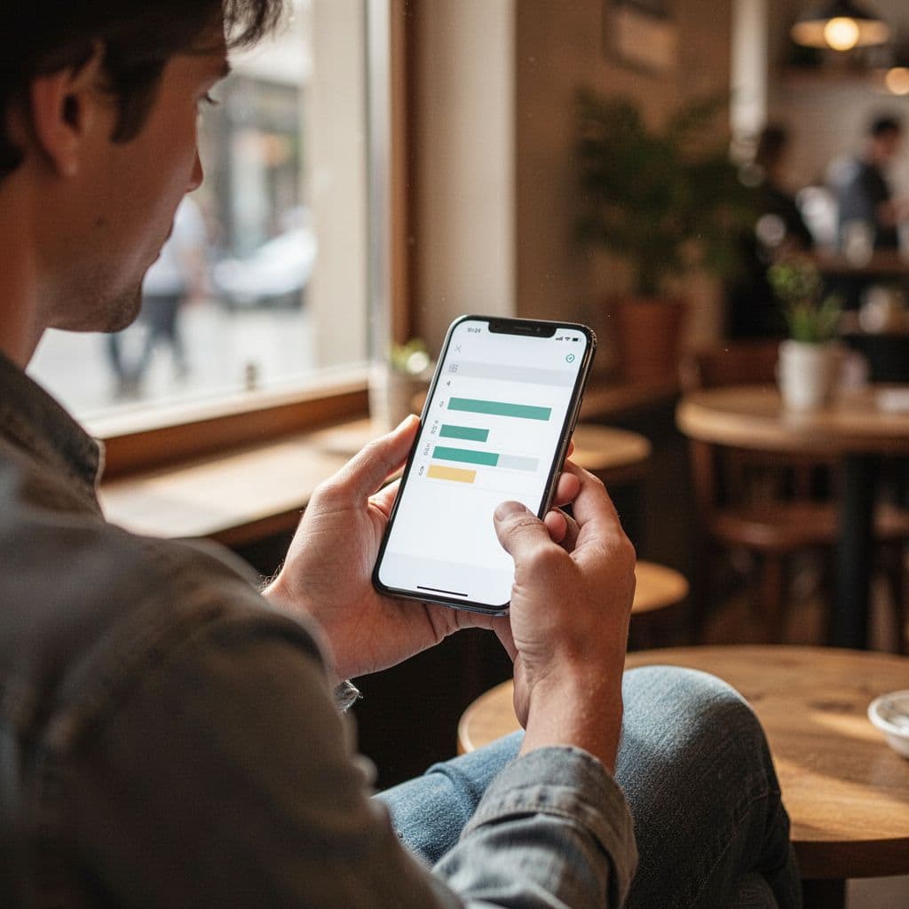 Person in cozy cafe holds smartphone showing simplified sports schedule bars on bright screen.
