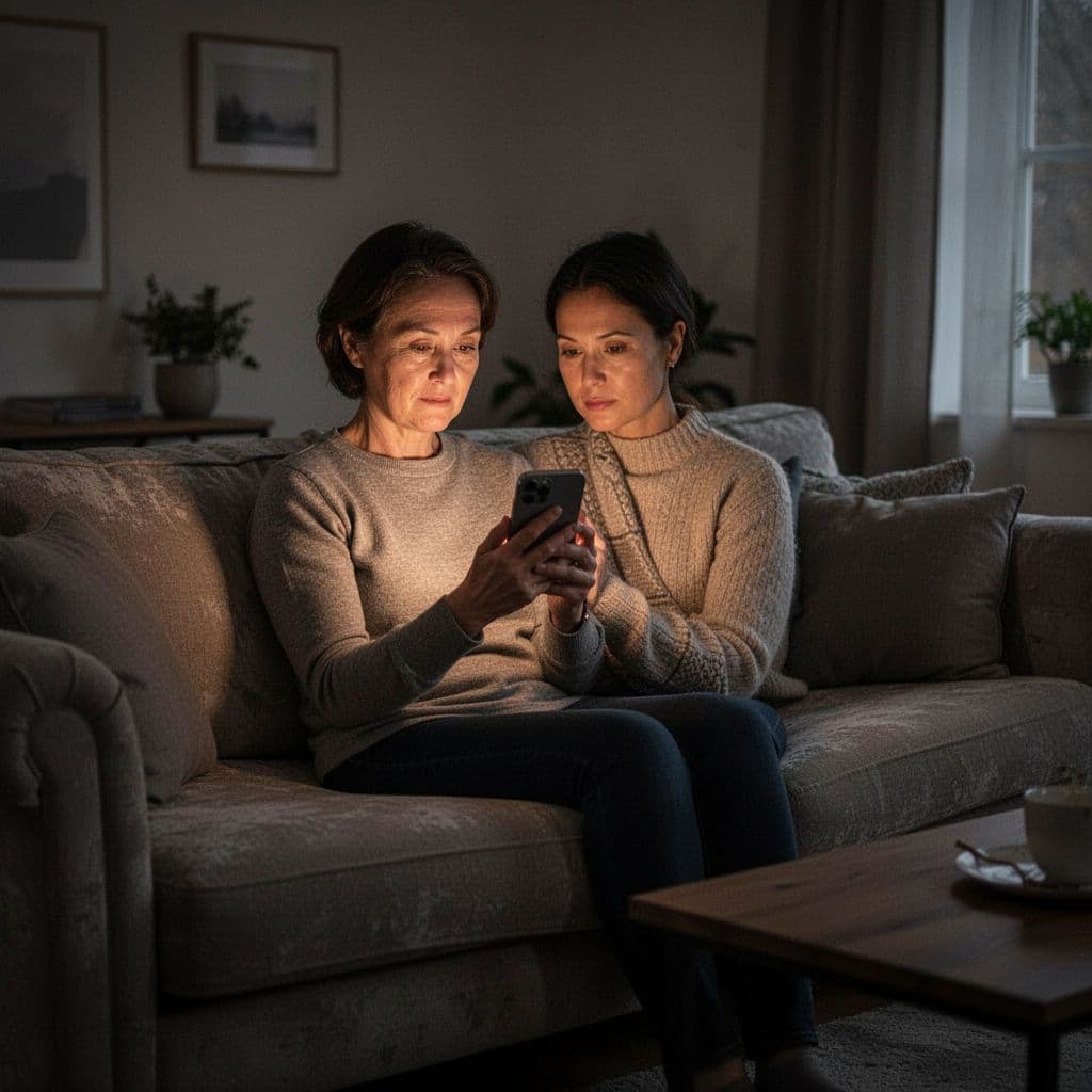 A person sits on a cozy sofa at night, illuminated by the glow of their smartphone screen.