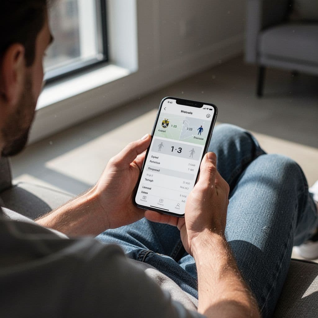 A relaxed person checks football match scores on a smartphone in a bright indoor setting.