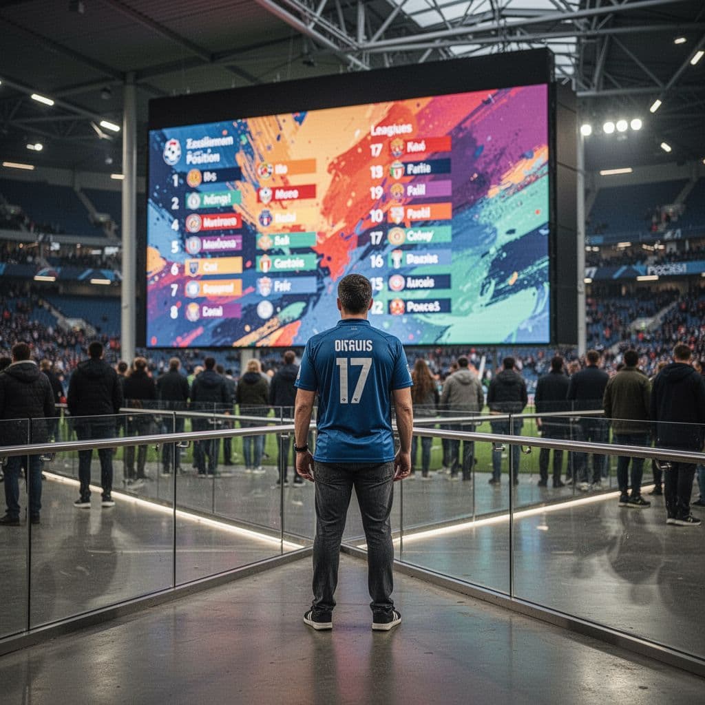 A lone spectator stands before a large digital scoreboard displaying updated football league standings inside a stadium.