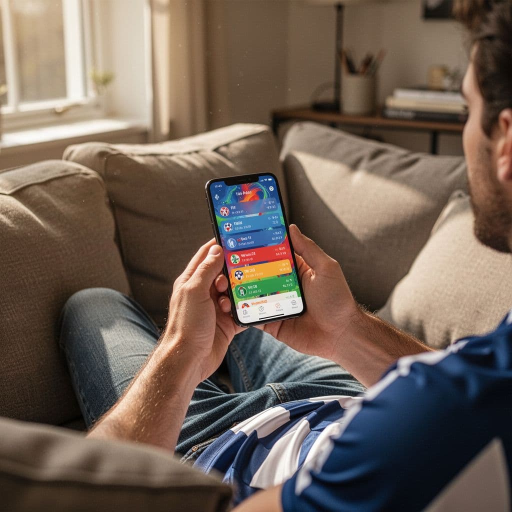 A person relaxes in a living room while viewing a soccer match schedule on a smartphone.