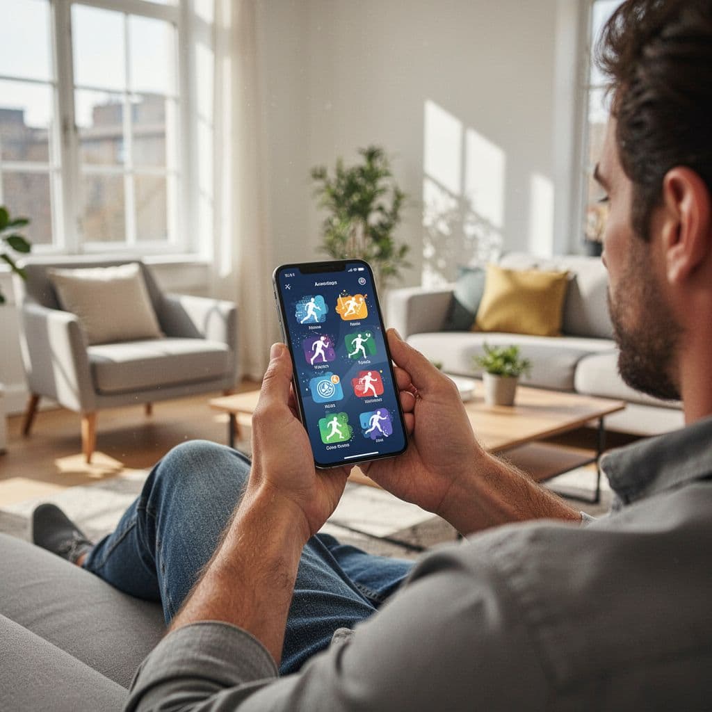 A person sits in a sunlit living room looking at sports updates on their mobile phone.