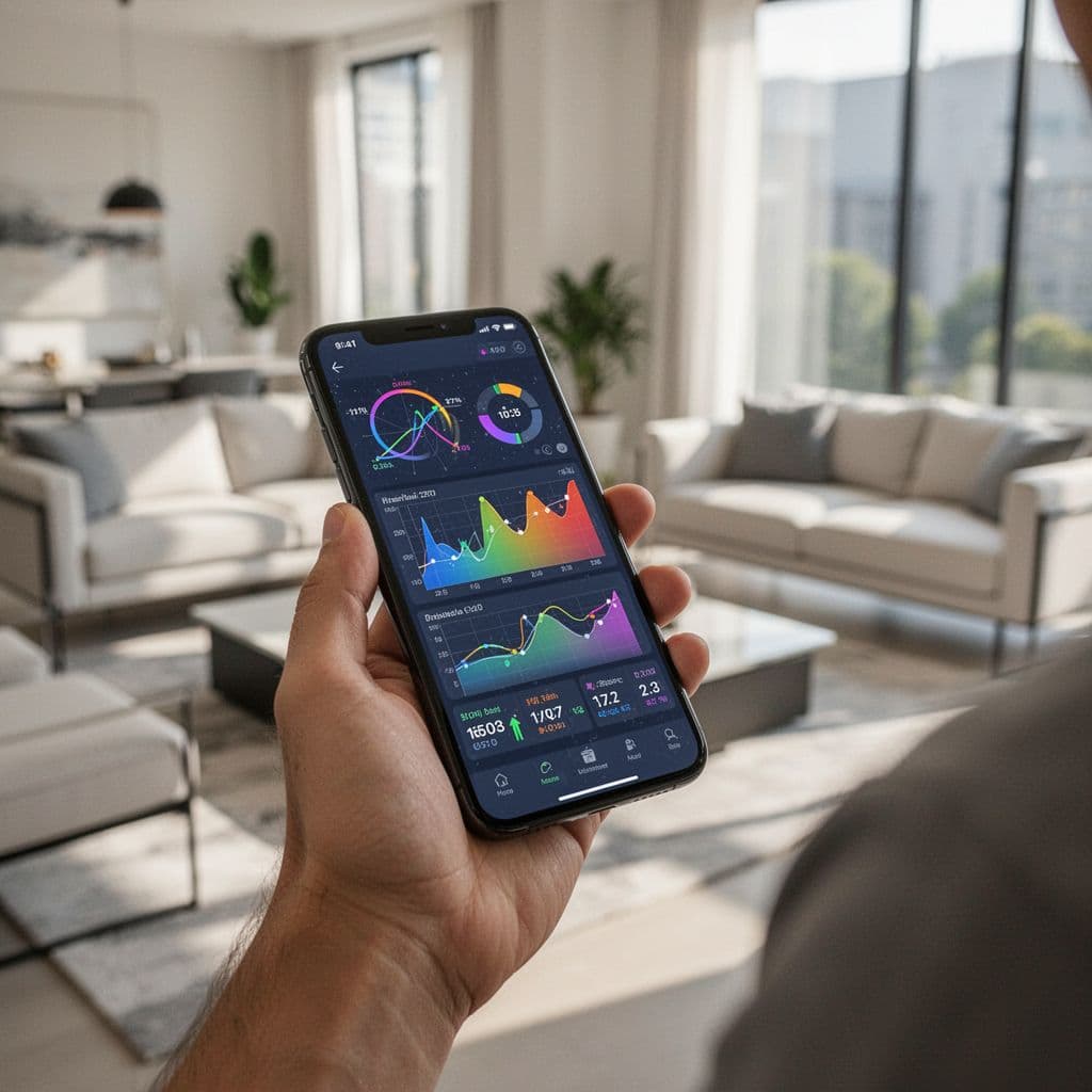 Close-up of person holding smartphone with sports score app screen in modern living room.