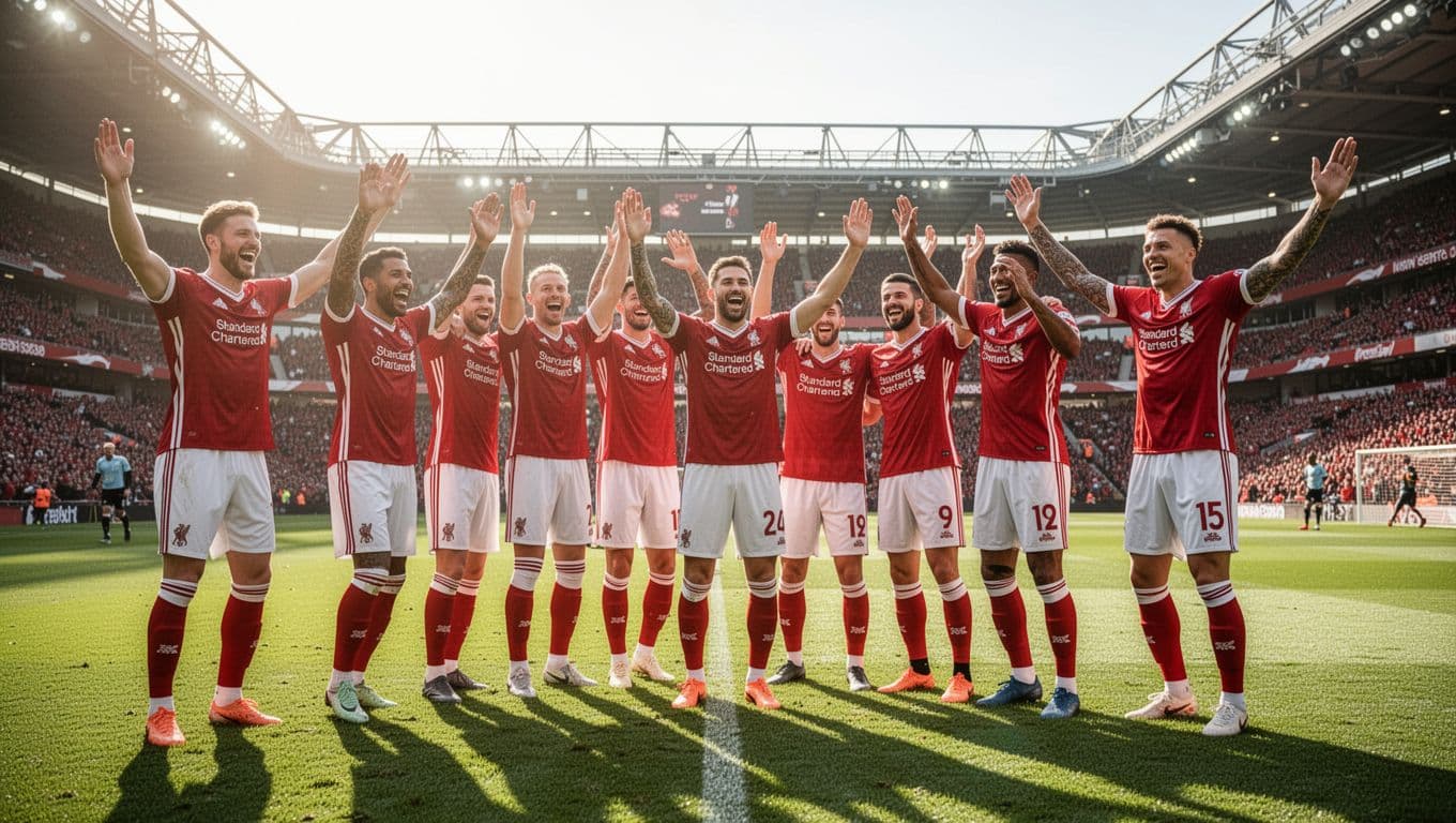 Eleven players in red and white jerseys celebrate a goal on a sunny professional pitch.