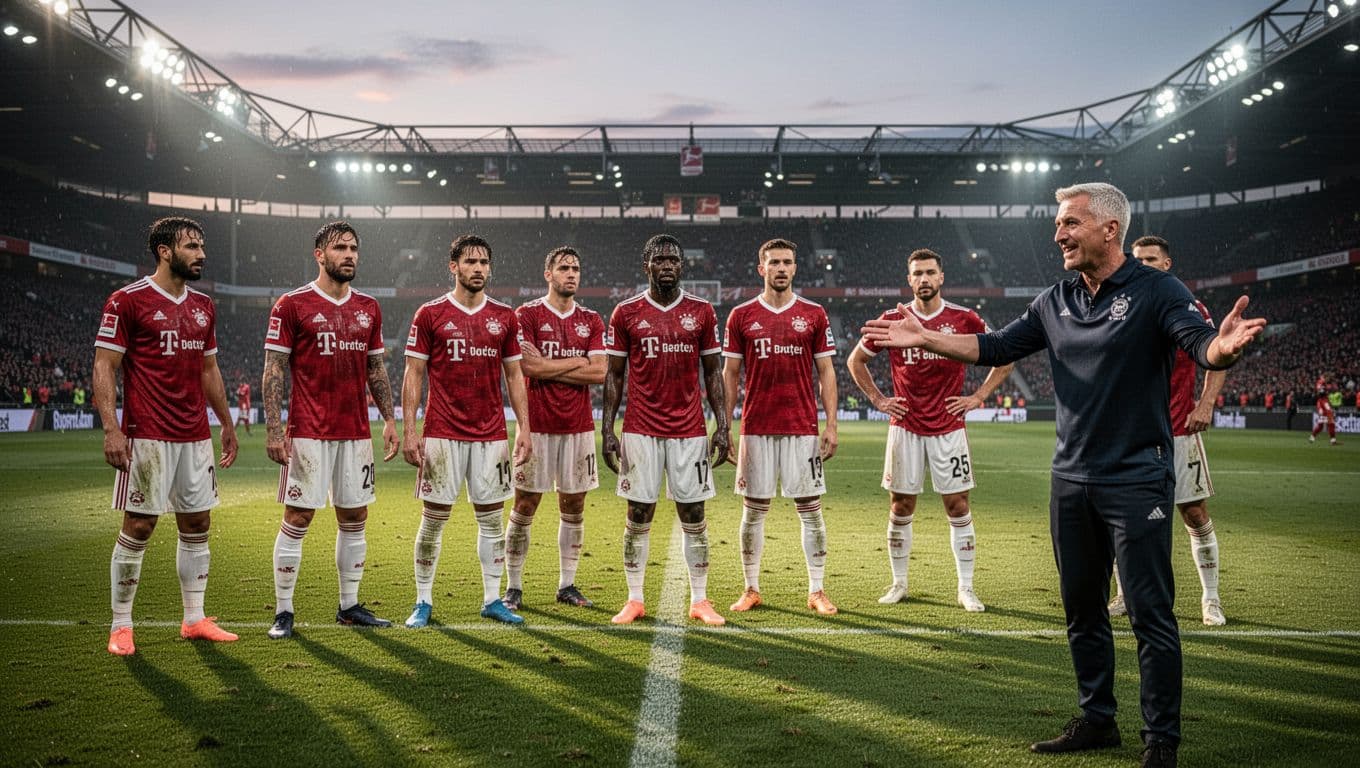 Eight FC Augsburg players appear fatigued with sweat on faces on green Bundesliga field at dusk, coach gesturing from sidelines.