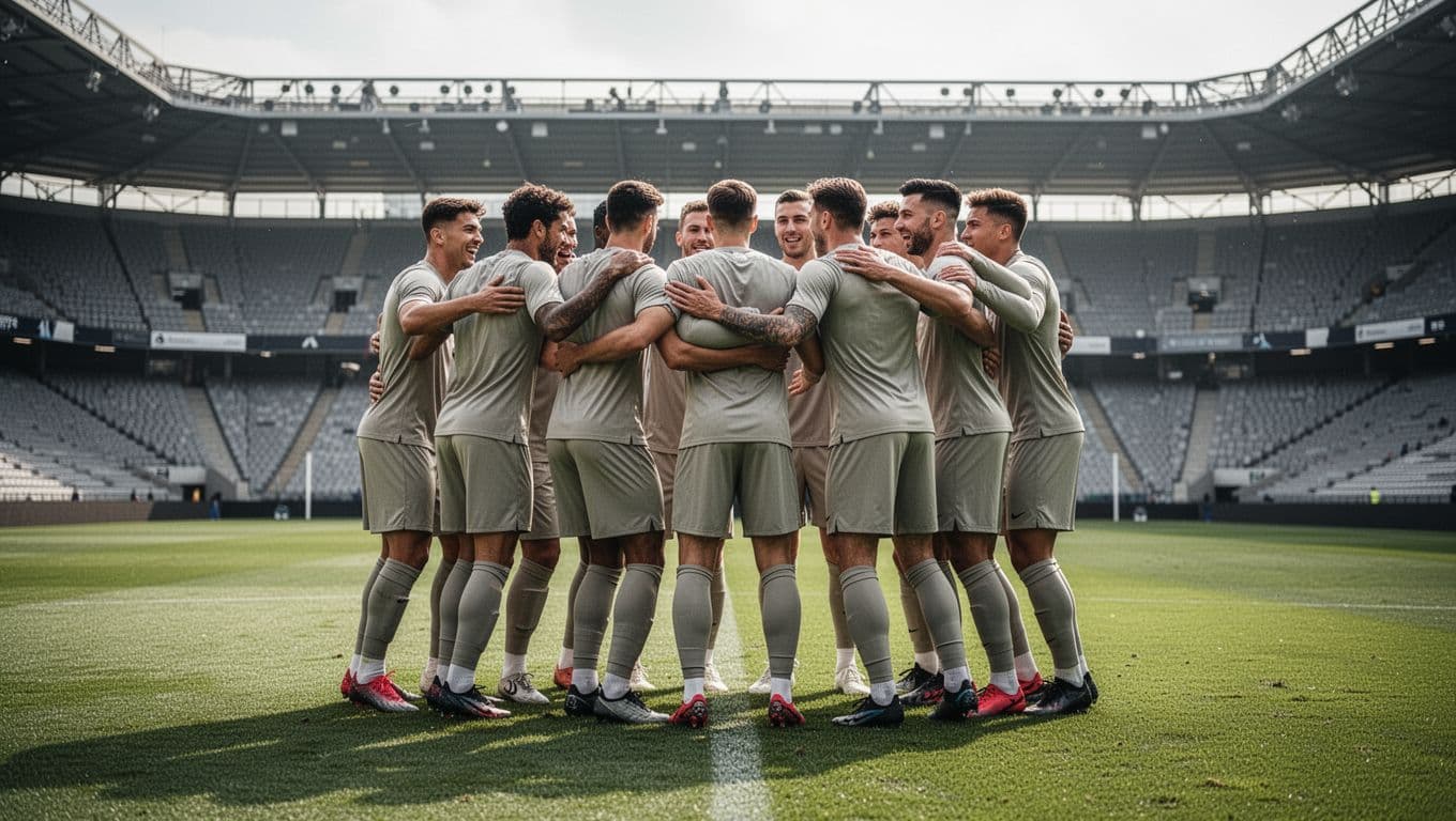 Eleven FC Augsburg players huddle celebrating on green Bundesliga pitch with stadium stands behind.