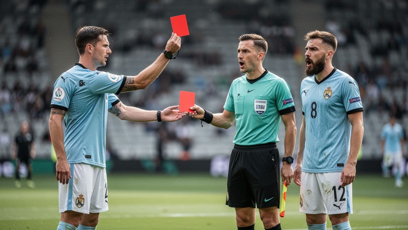 Referee shows red card to FC Augsburg player on green field, shocked teammate nearby, blurred stadium background.
