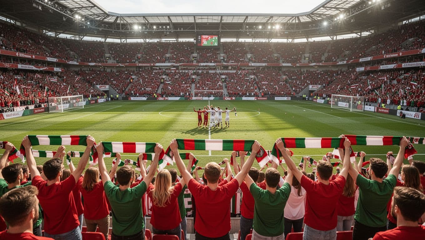 Foreground group of fans waves red green white scarves in packed WWK Arena stands as distant players celebrate goal on green pitch.