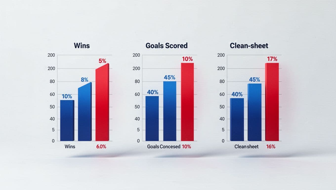 Bar charts display FC Barcelona's LaLiga wins, goals scored, conceded, and clean sheets in blue-red on white background.