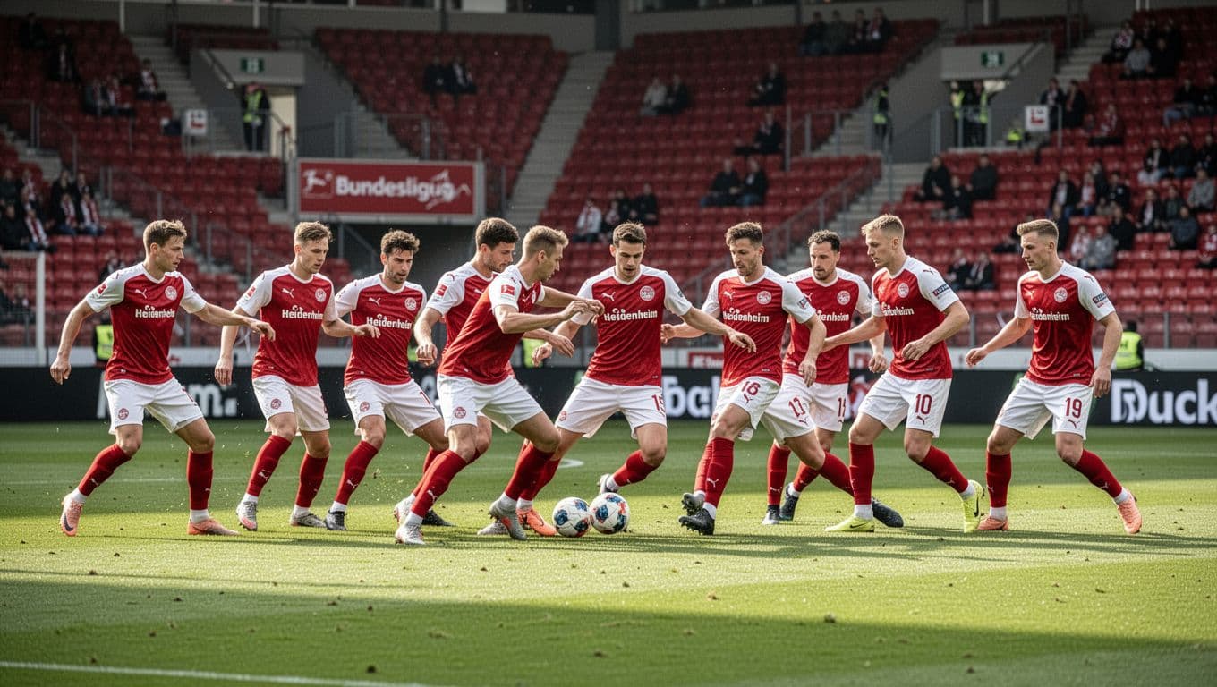 Eleven FC Heidenheim players in red-white kits defend during quick transition on Bundesliga pitch with few fans.