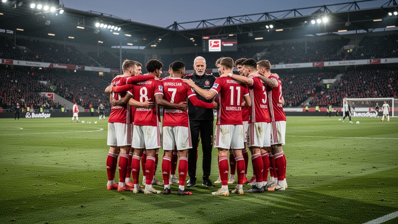 Eleven FC Heidenheim players in red-white kits huddle with coach on Bundesliga pitch under evening stadium lights.
