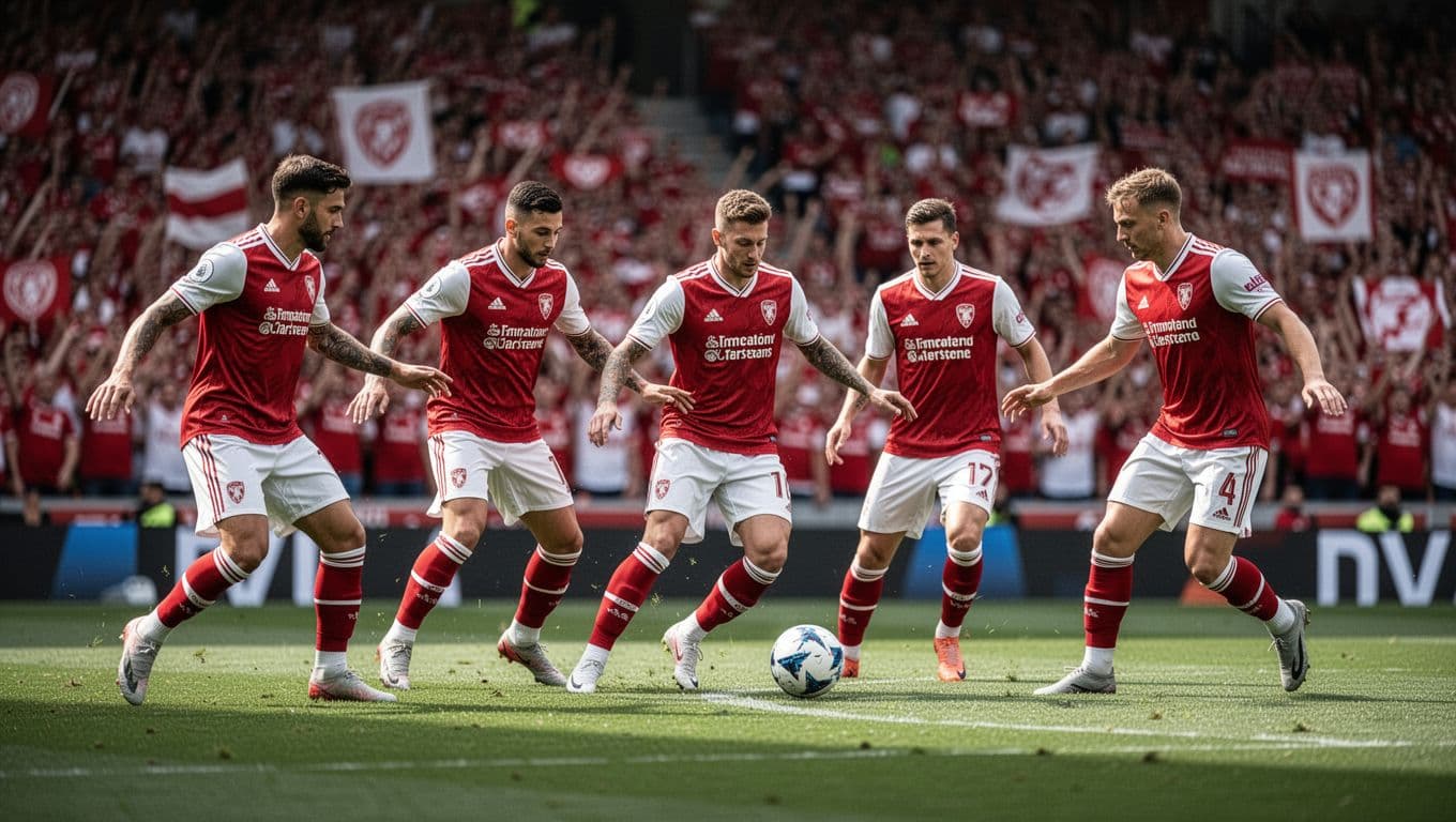 Five FC Köln players pass ball forward precisely in Bundesliga match, stadium with cheering red and white fans.
