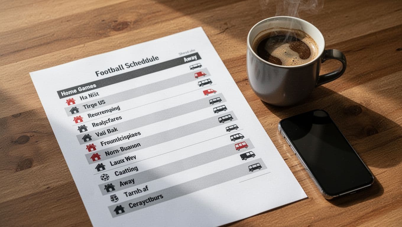 Printed FC Köln match calendar on wooden table, marked with house icons for home games and bus icons for away games, next to coffee cup and phone.