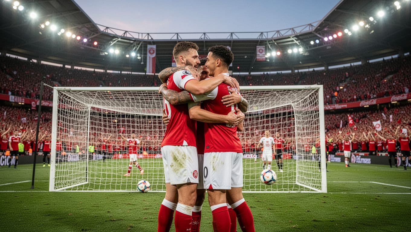 Two FC Köln players hug in foreground as ball sits in net, red-and-white fans cheer in packed stadium under evening lights.