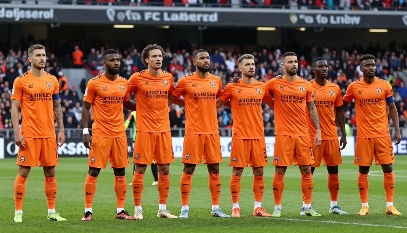 Eleven FC Lorient players in orange jerseys stand together on the pitch after a match, stadium fans in background.