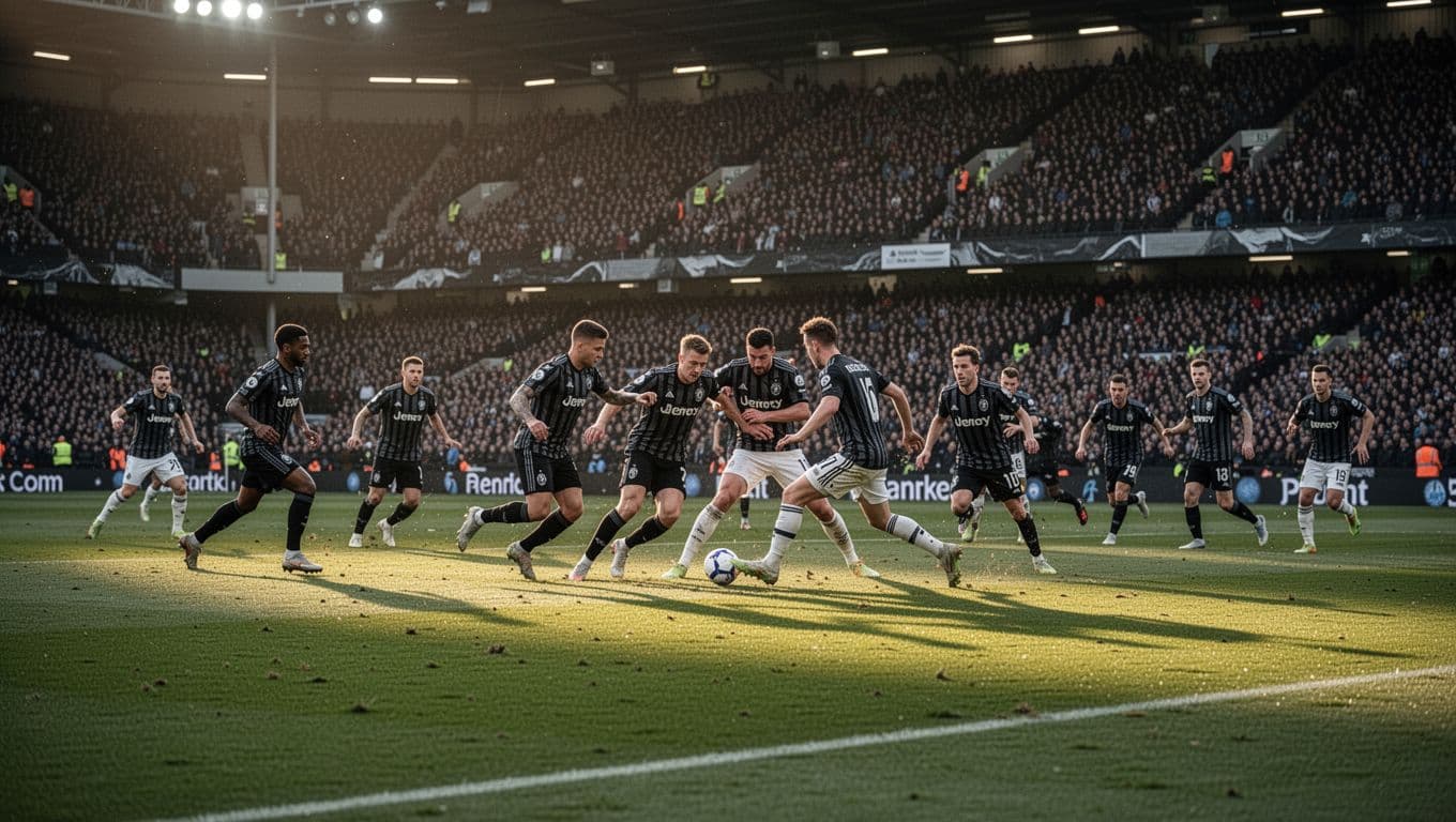 FC St. Pauli players battle in midfield during tense Bundesliga match at home stadium under evening lights with crowd behind.