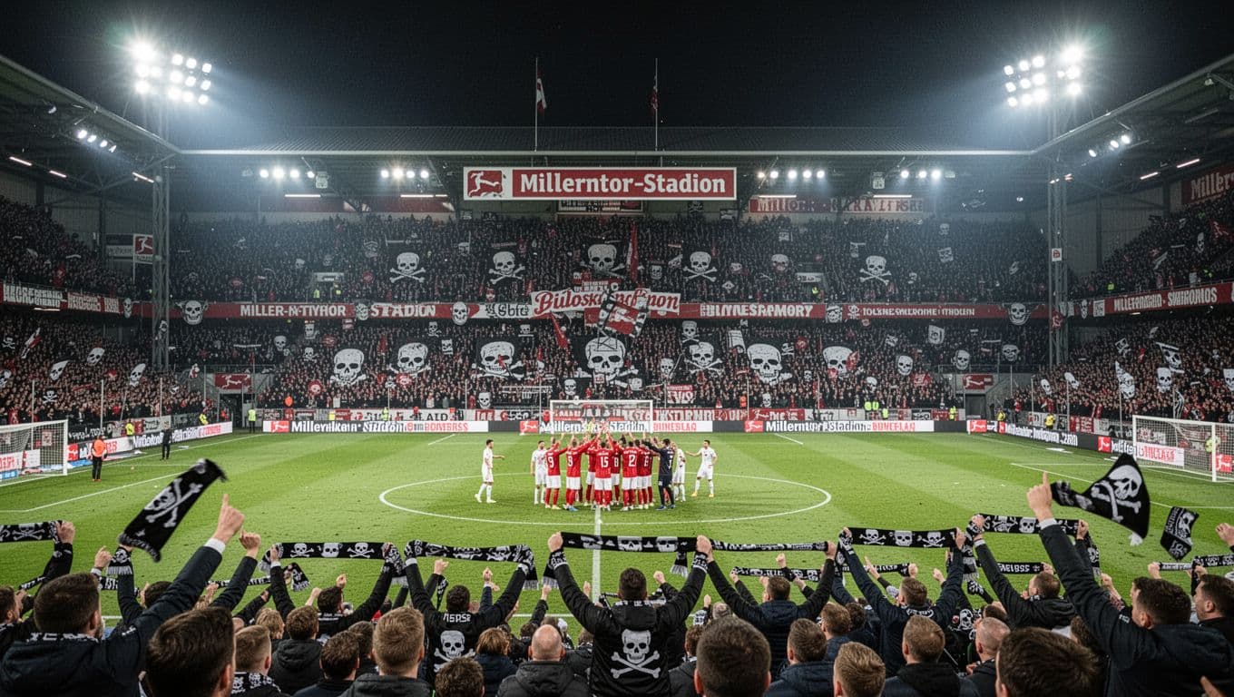 Crowded Millerntor-Stadion with FC St. Pauli fans in skull scarves cheering from stands as players celebrate goal under night floodlights.