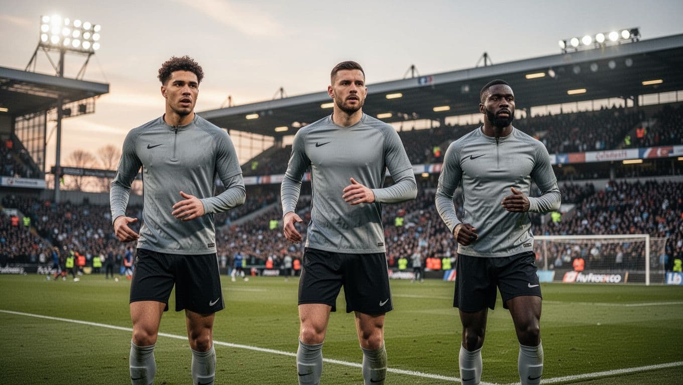 Three FC St. Pauli players with relaxed hands warm up on field edge at RB Leipzig stadium under evening lights, crowd distant.