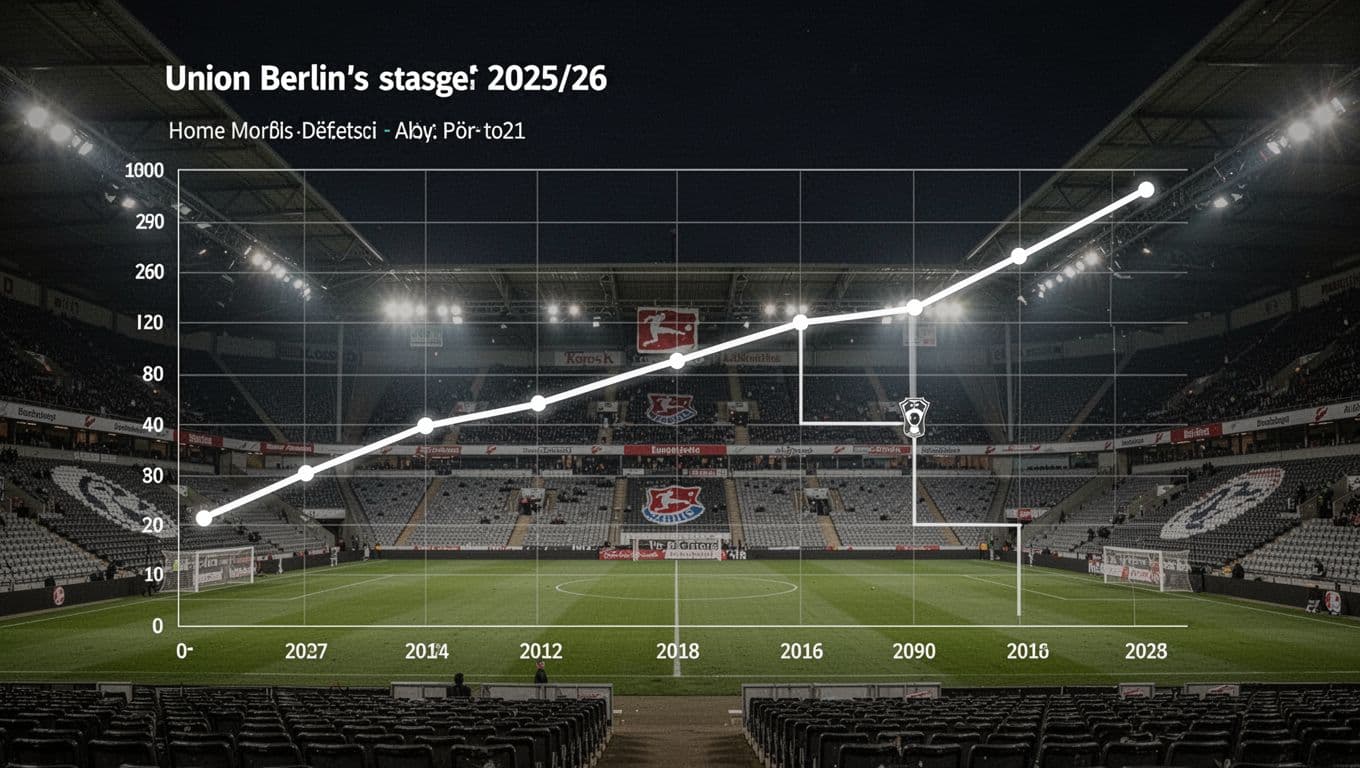 Simple line graph shows fluctuating points over 2025/26 season with peaks and valleys, against nighttime Alte Försterei stadium background.