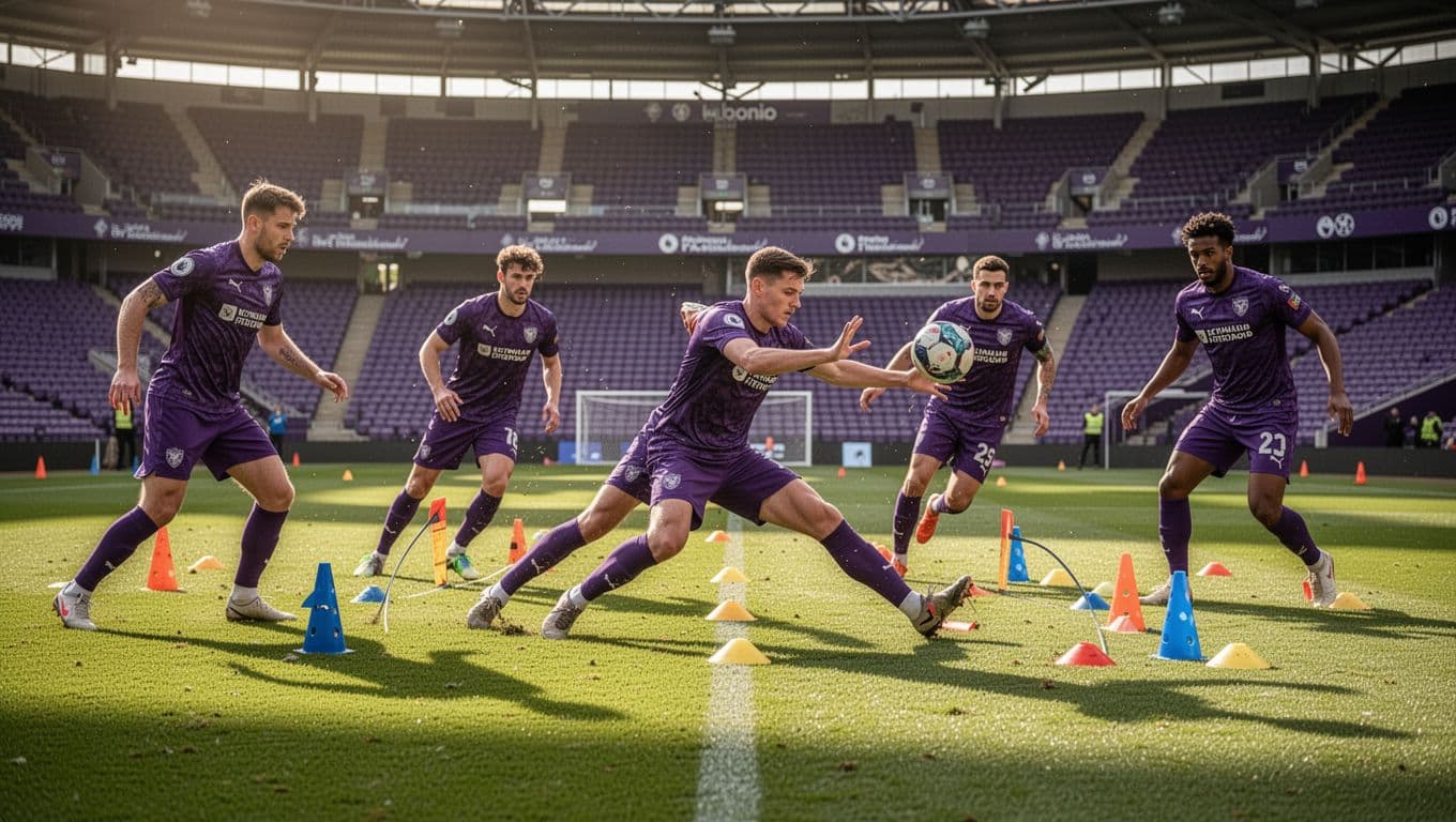 Five Fiorentina players in purple kits perform defense drill on sunny stadium pitch, one blocking shot amid cones.
