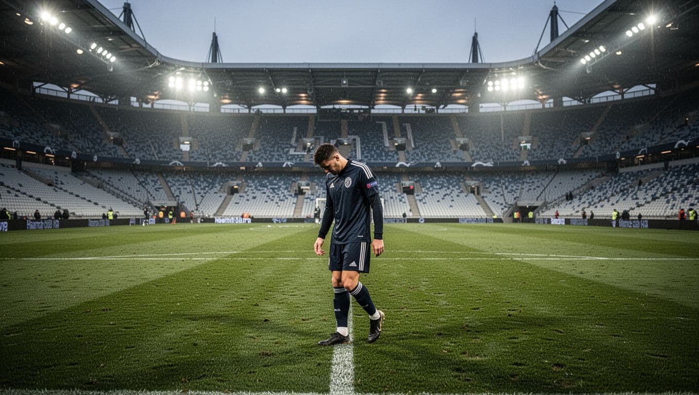 Dejected Fiorentina player with head down walks off Stadio Olimpico pitch under floodlights after 4-0 Roma defeat.