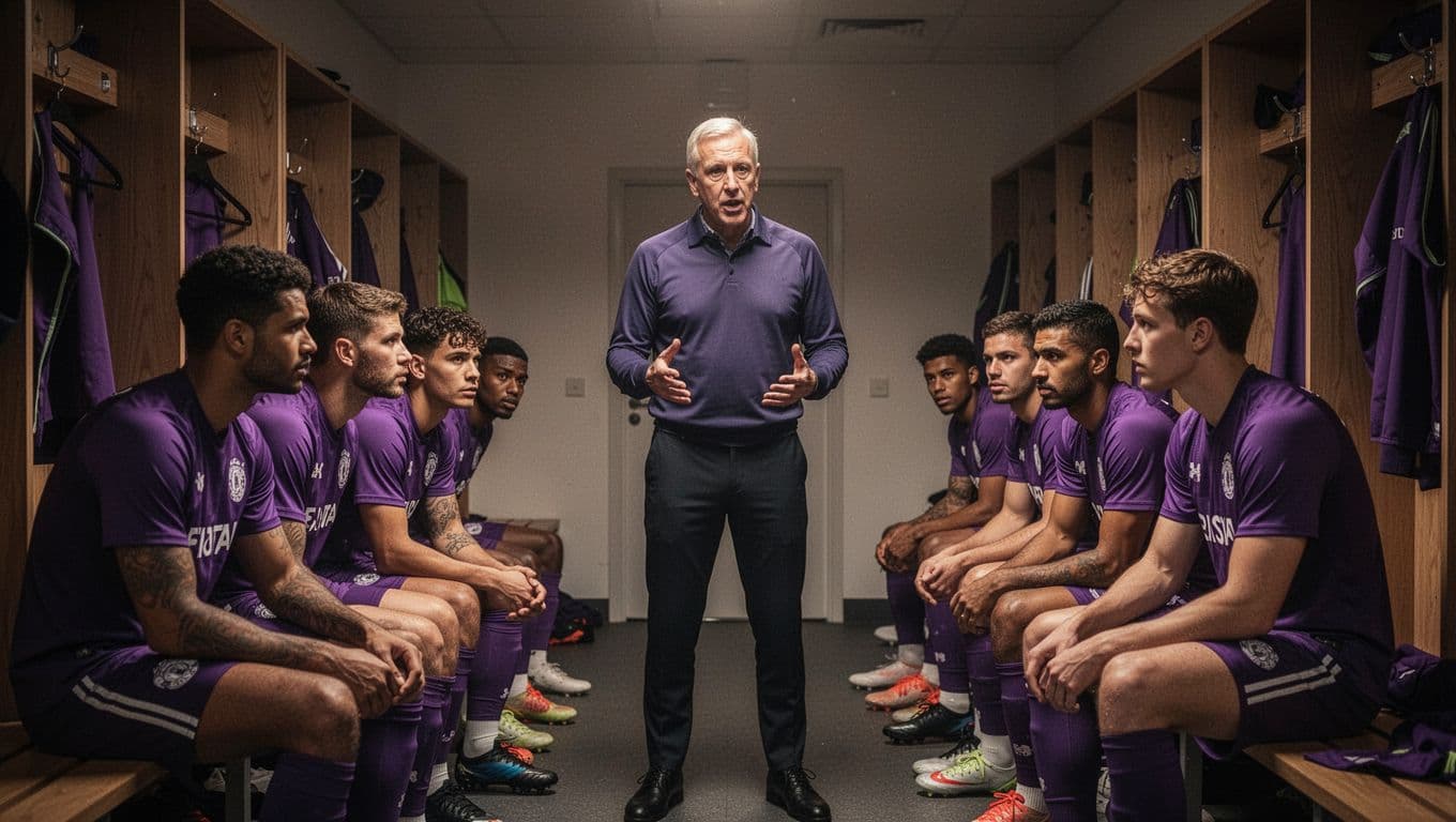 Coach addresses focused purple-shirted players on benches in dim locker room.