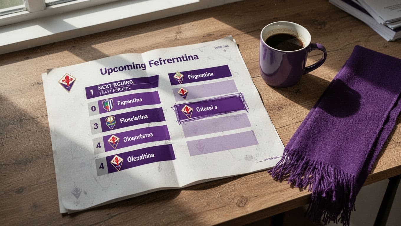 Top-down view of wooden desk with calendar showing blurred remaining Fiorentina 2026 fixtures, clear May 10 Genoa home date, coffee mug, and scarf.