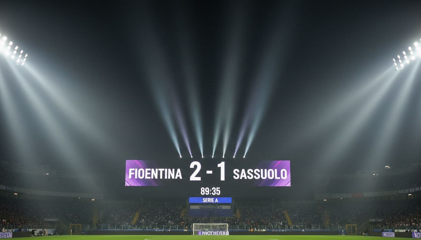 Close-up of stadium scoreboard showing Fiorentina leading Sassuolo 2-1 under lights.