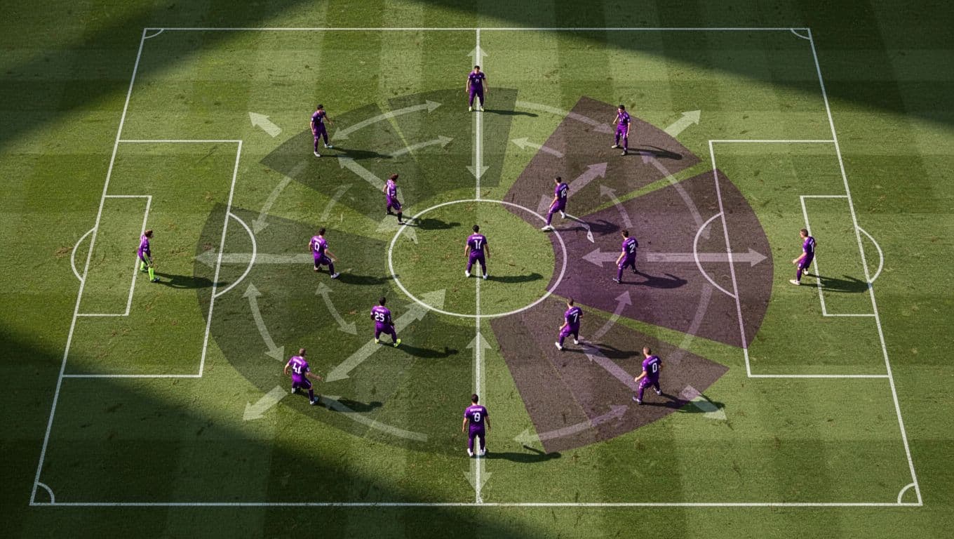 Top-down green soccer pitch diagram with purple player icons, arrows for transition losses, and highlights on weak defensive and finishing zones.