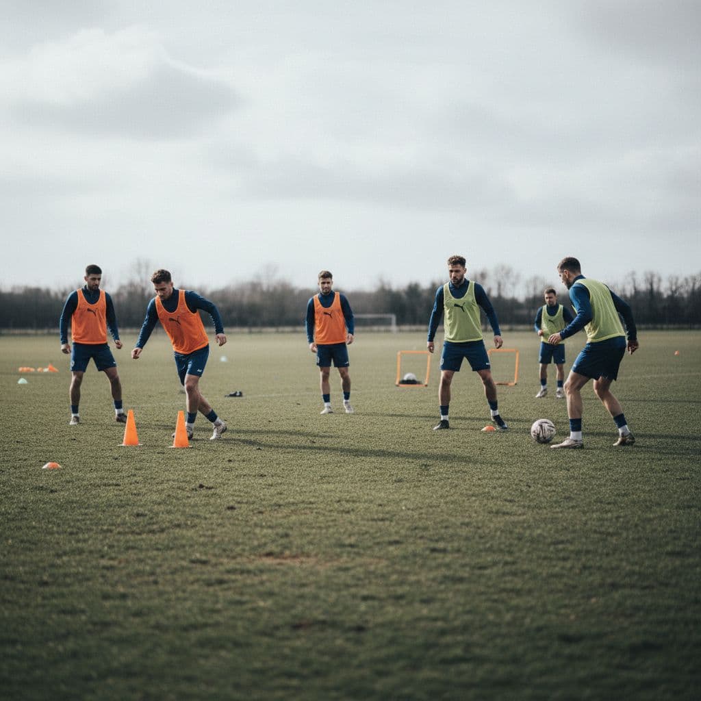 Five football players perform drills on a quiet training pitch under moody daylight.