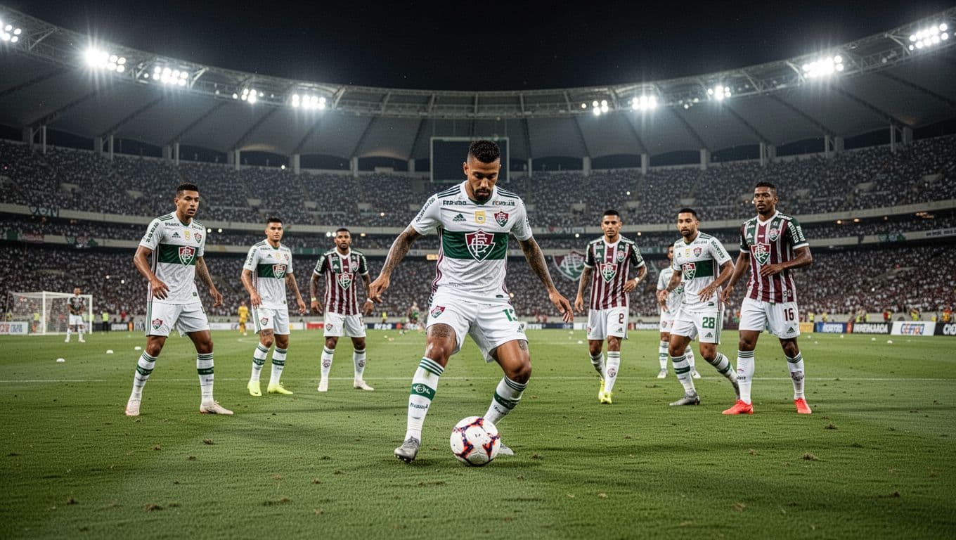 Eleven Fluminense players in white-green kits compete under floodlights at Maracana stadium at night, one controlling ball in midfield with crowd behind.