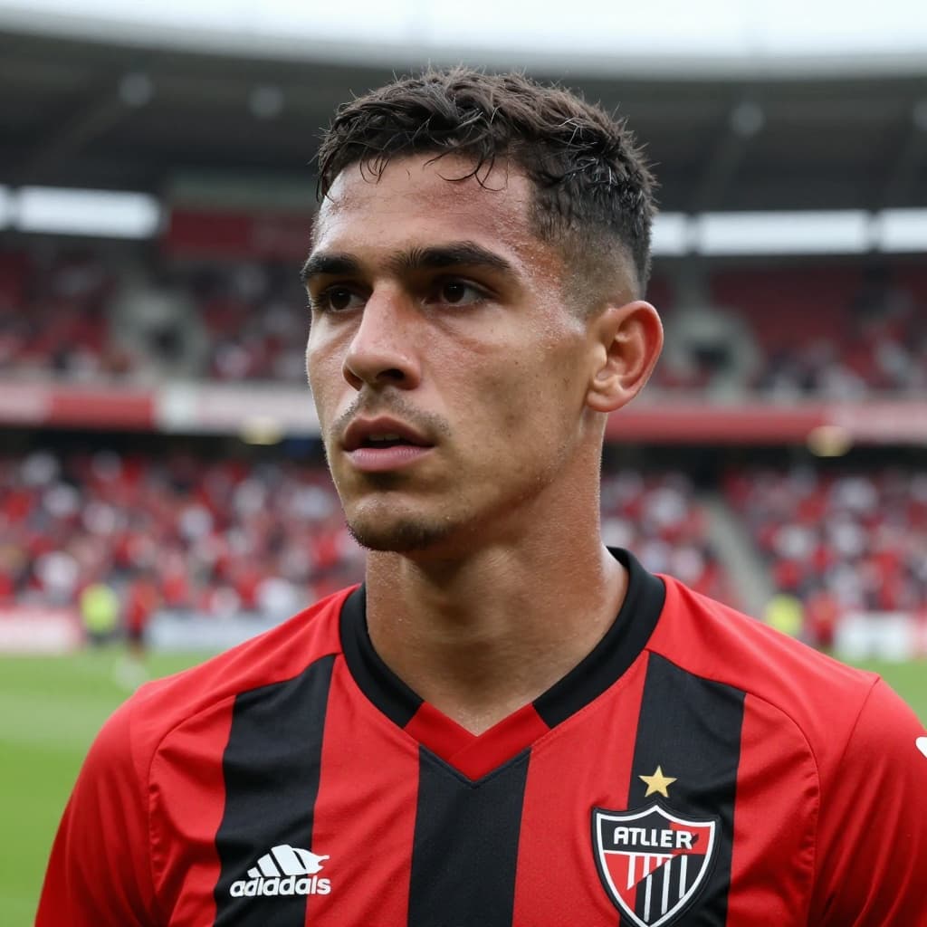 Close-up of football player in red and black kit looking focused, blurred stadium crowd in background.