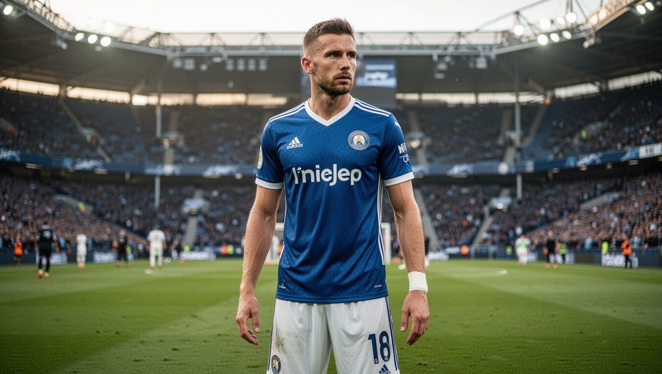 Focused player in blue and white kit stands on football pitch with stadium background.