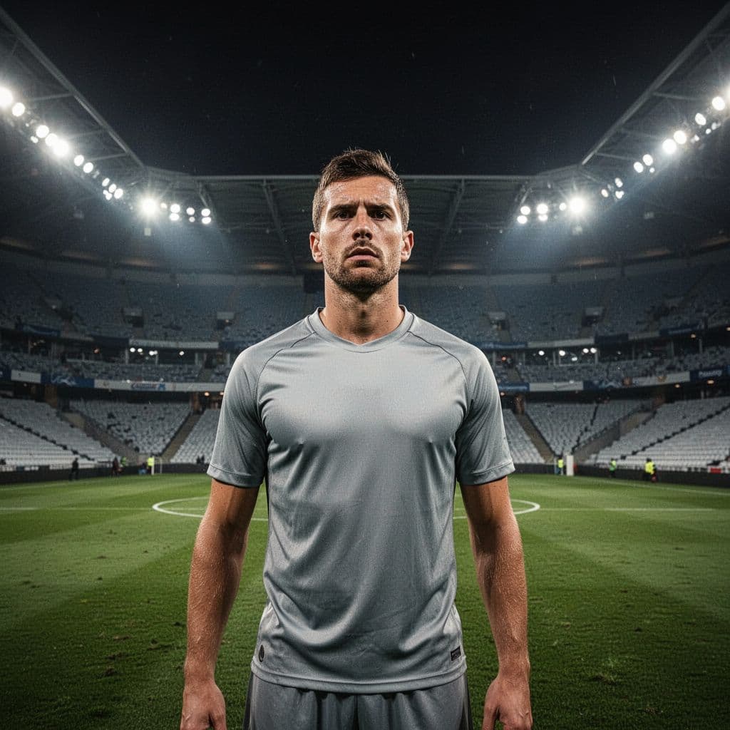 Low-angle shot of focused football player in plain jersey standing on pitch with empty stadium and dramatic lights.
