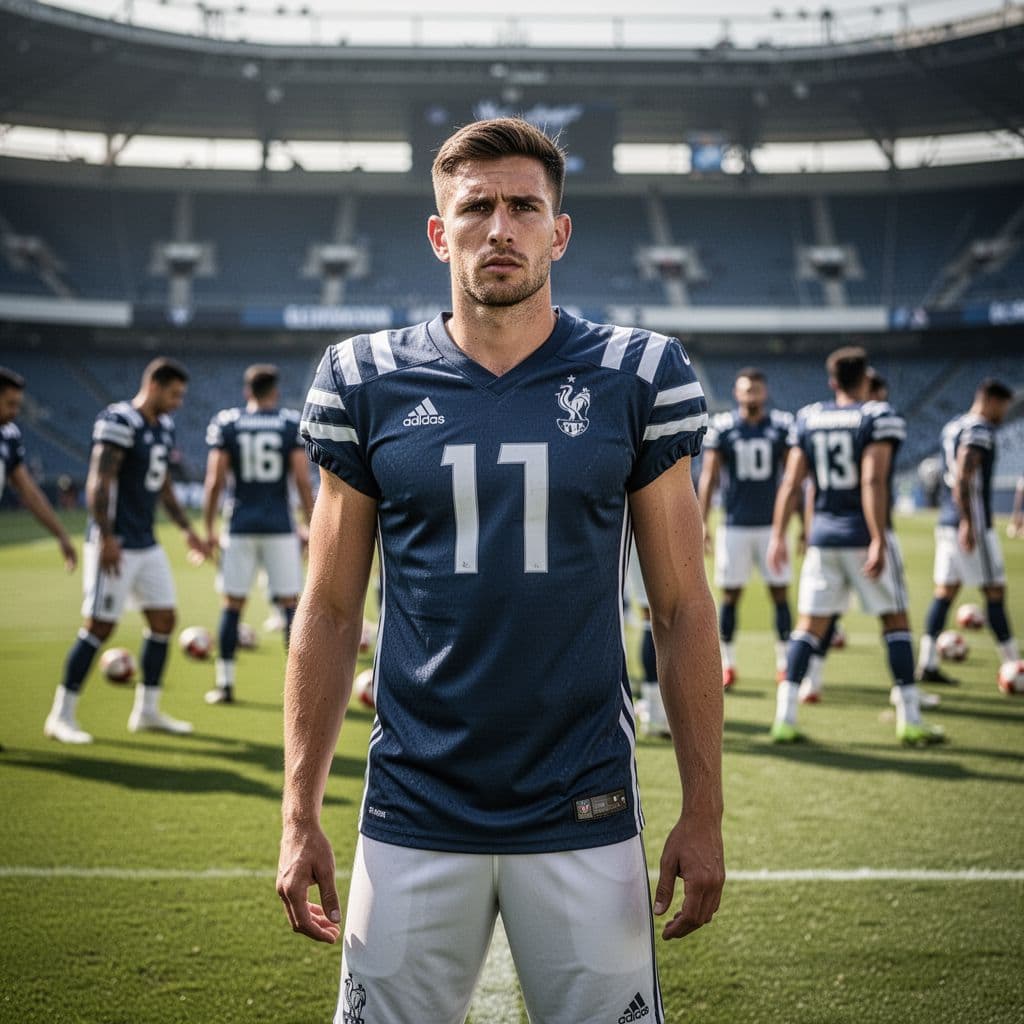 A determined soccer player stands on a green pitch with teammates training in the background.