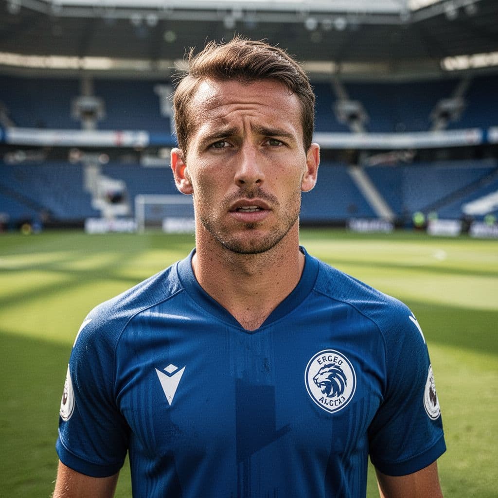 A focused football player in a blue kit stands on a green grass field during a game.