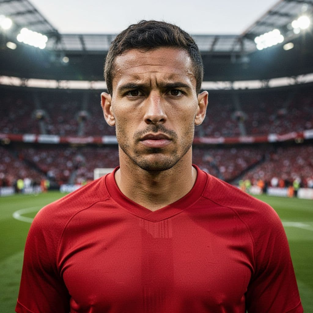 A focused football player in a red jersey stares intensely during a match at Anfield stadium.