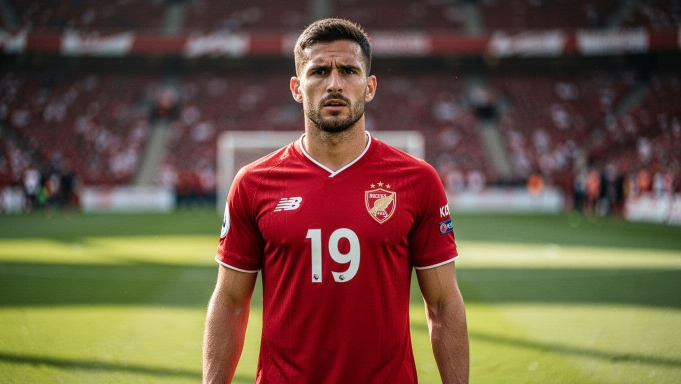 A football player in red jersey stands on green grass pitch with blurred stadium background.