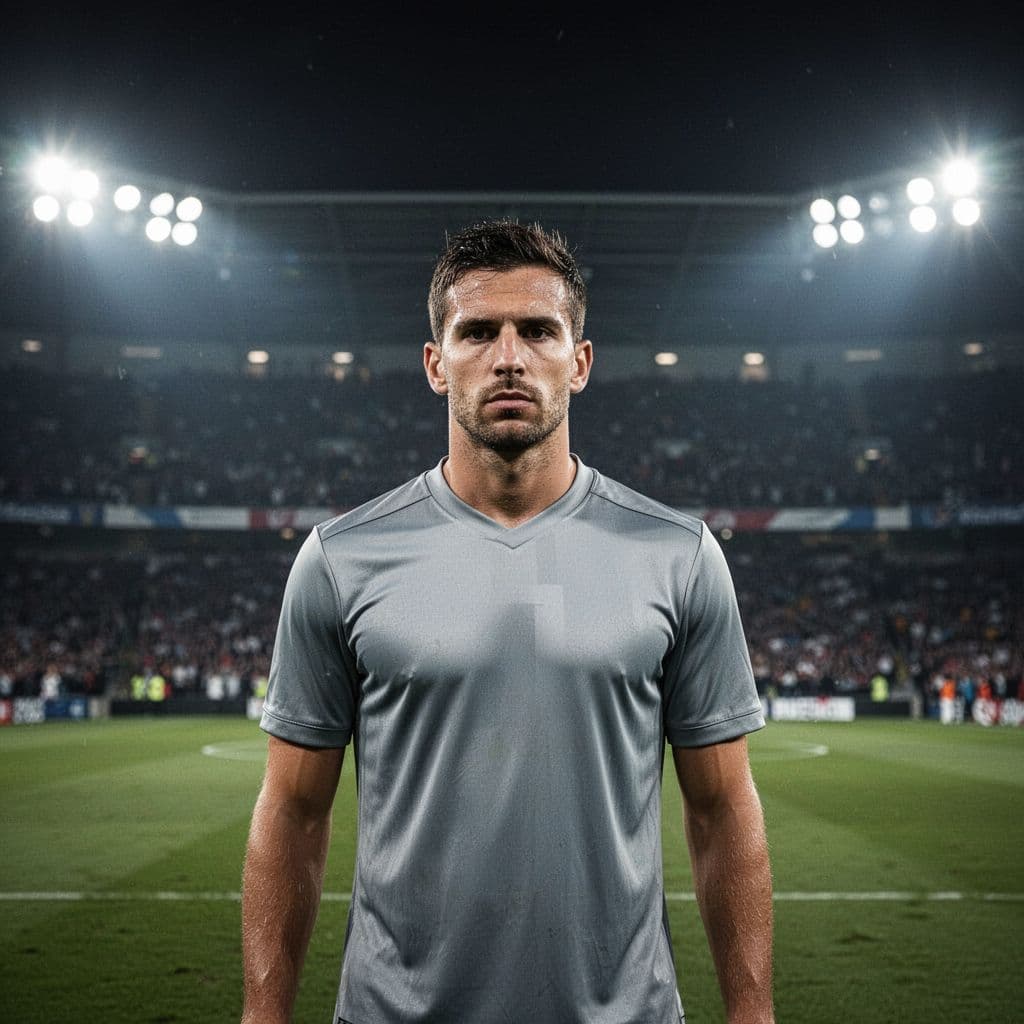 A determined athlete in a professional jersey stands alone on a vast grass pitch. Bright overhead stadium floodlights illuminate the scene at night, creating dramatic shadows and a soft blurred background.