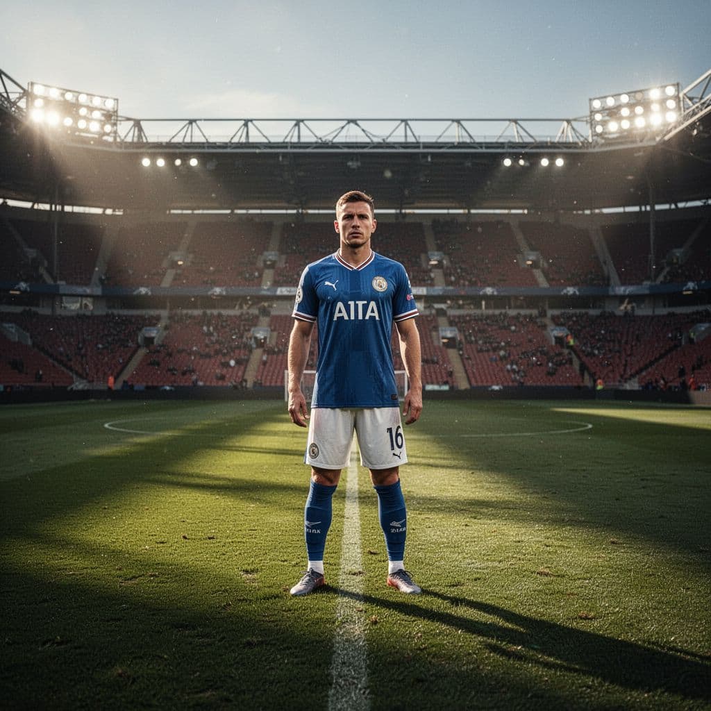 A focused football player stands on a stadium pitch before a match.