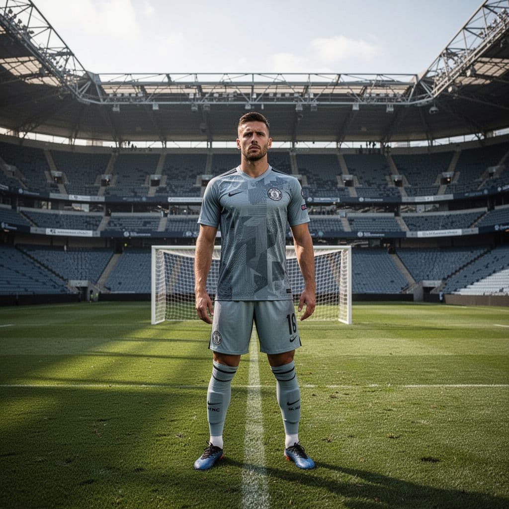 A professional football striker stands focused on a stadium pitch in natural daylight, wearing modern uniform.