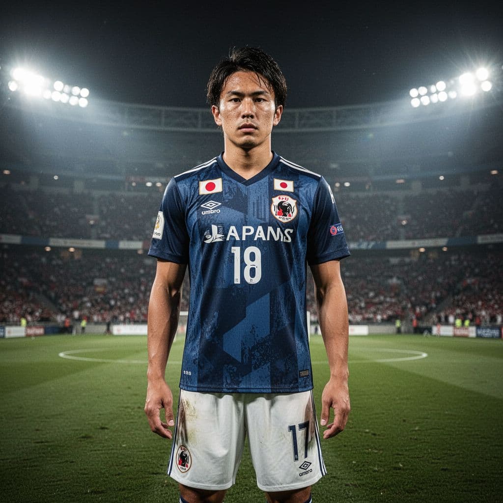 A professional Japanese soccer player stands on a wet stadium pitch under bright floodlights at night. His intense expression and rigid posture convey deep concentration following a high-stakes competitive match.