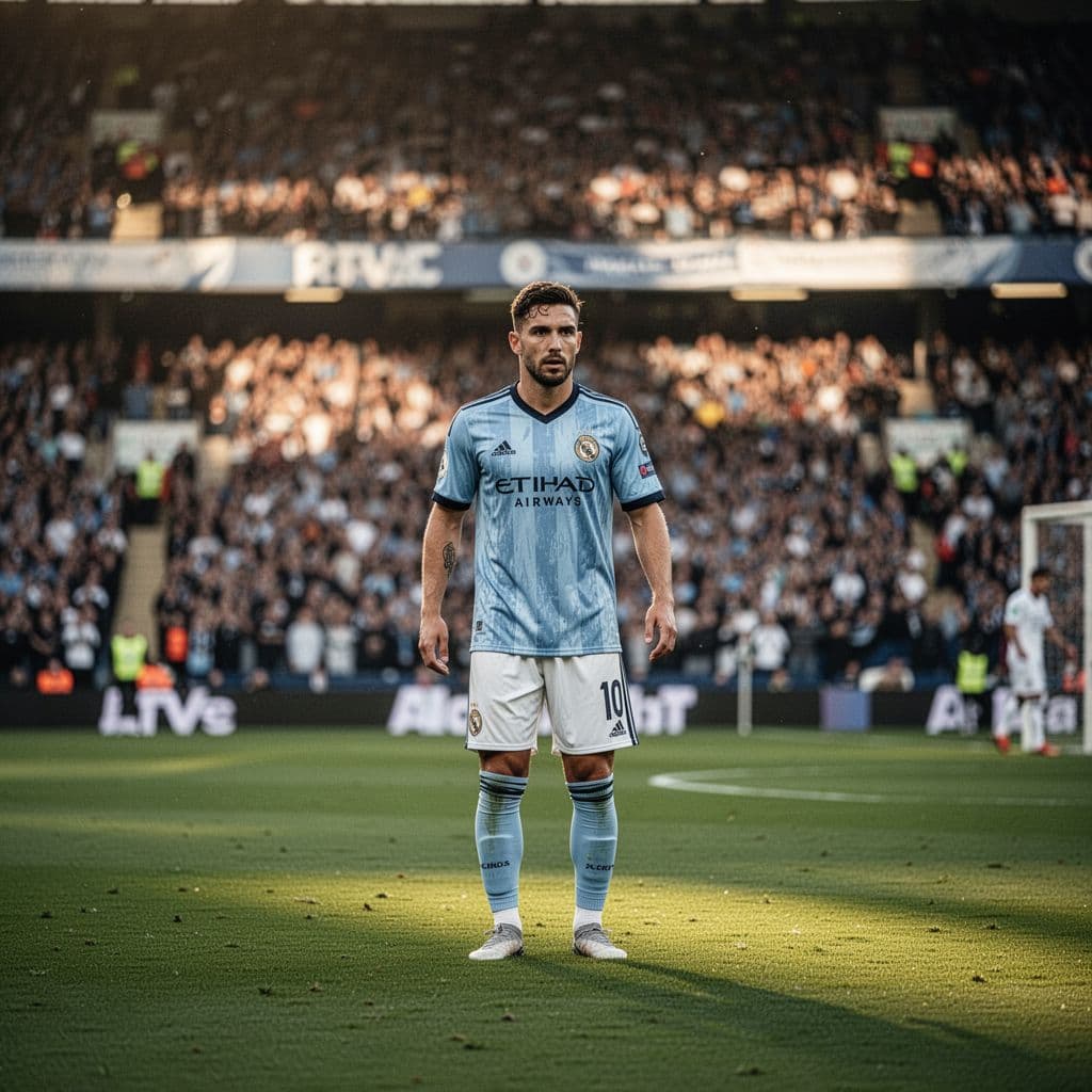 A focused professional soccer player stands on a green pitch before a crowded stadium.