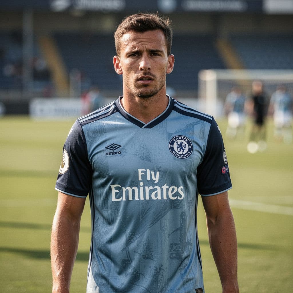 A concentrated soccer player stands on a grassy field during a match in professional team attire.