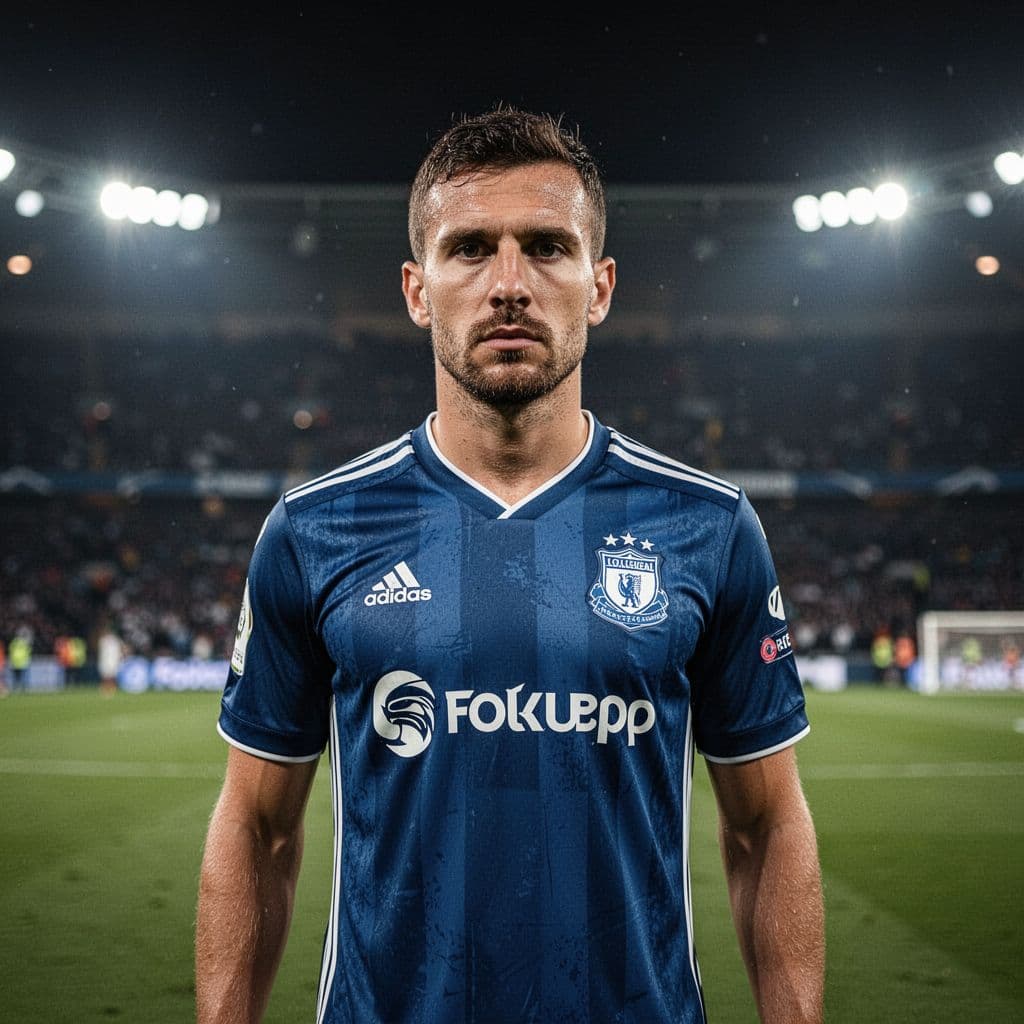 Focused PSG soccer player stands intently in nighttime stadium with blurred background lights.