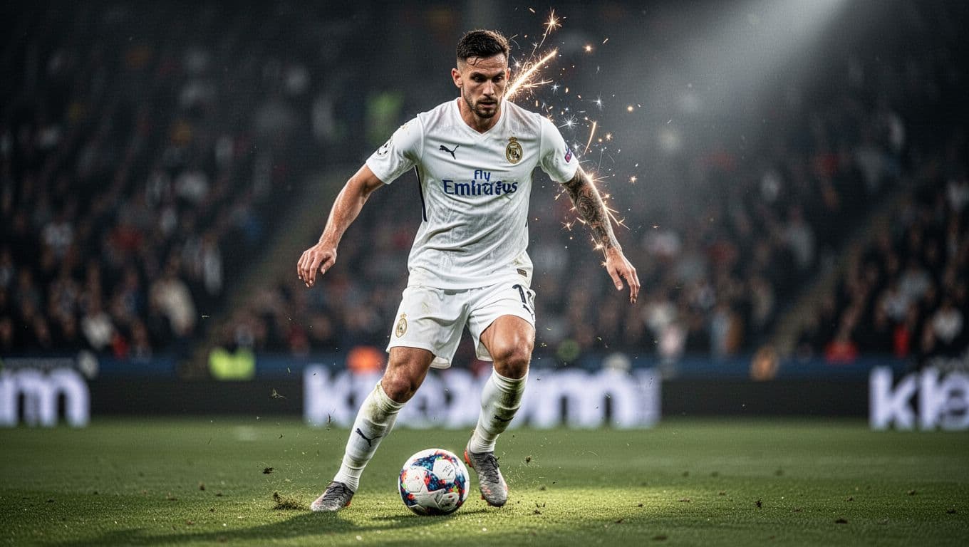An athlete in a clean white kit maneuvers the ball with intense concentration across a field. The stadium background remains softly out of focus to emphasize his athletic motion and skill.
