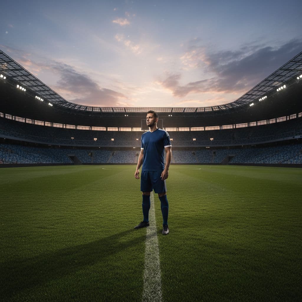 Soccer player in dark blue jersey stands centered on empty green field in large stadium at dusk, gazing seriously ahead.