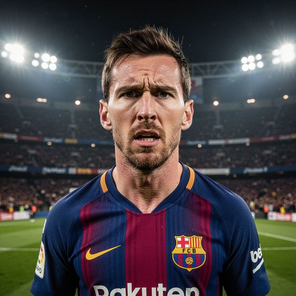 A focused soccer player wearing a red and blue jersey stands on the field at night.